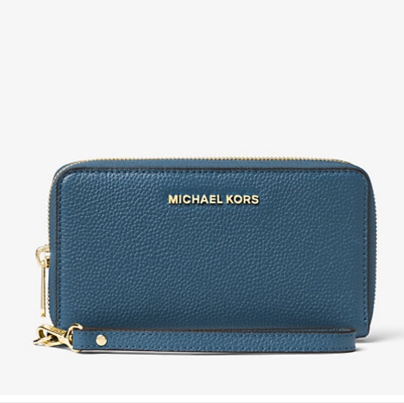 Michael Kors EUC Jet Set Travel Double Zip Wristlet Wallet Blue Pebbled Leather - Picture 8 of 9